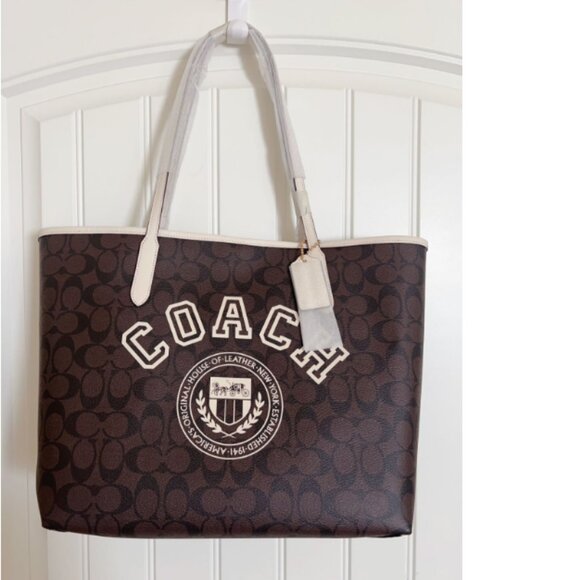 Coach City Tote Bag In Signature Canvas With Varsity Motif - Picture 2 of 8